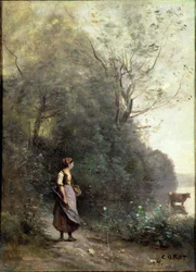 En bondekvinne som beiter en ku i kanten av en skog, ca. 1865-70
