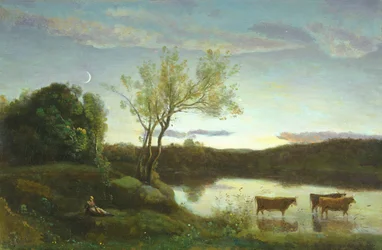 En dam med tre kyr og en halvmåne, ca. 1850
