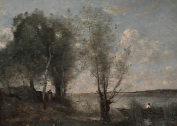 Båtmann blant rørene, ca. 1865.