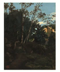 Trelund blant steinene ved Civita Castellana (olje på papir lagt ned på lerret)