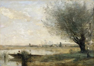 «Fisker fortøyd ved en elvebredd», 1865-70