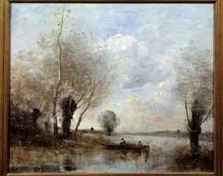 Fiske i en båt ved piletrærne, maleri av Camille Corot (1796-1875), 19. århundre, Reims, Musée des Beaux-Arts