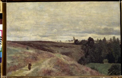 ""De lyngdekkede åsene nær Vimoutiers i Normandie"" (Lyngdekkede åsene nær Vimoutiers) Maleri av Camille Corot (1796-1875) rundt 1860 Pouchkine Museum, Moskva