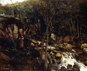 Lormes - En bekk med en stående bonde som spinner ull, 1842