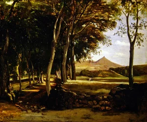 Fjelllandskap sett gjennom en allé av trær (olje på lerret)
