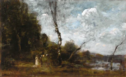 Tre bondekvinner ved en skog