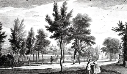 En utsikt over Elysian Fields fra Spring of Helicon, Stowe House Gardens, gravert av George Bickham, 1753