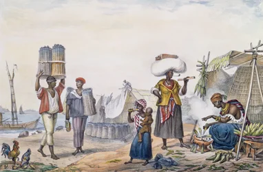 Svarte mennesker selger kull og mais, fra «Voyage Pittoresque et Historique au Brésil», gravert av Thierry Frères, 1839