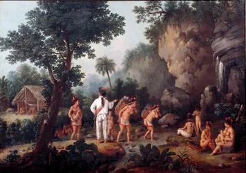 Slaveri: «slavejakt» - urfolksfamilier (fra Brasil?) blir tatt til fange av slavehandlere. Museum i São Paulo, Brasil.
