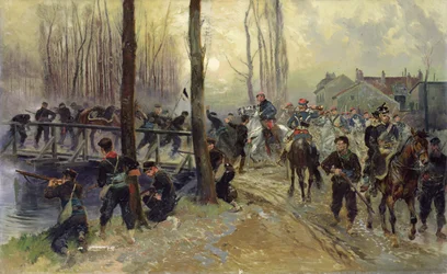Bakholdsangrep nær en bro forsvart av tropper, tidlig morgen, 1870