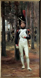 Grenader til fots av vakten Imperiale i 1806 Maleri av Edouard Detaille (1848-1912) Søn. 1,10 X 0,58 m Paris. Armee museum