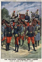 De nye uniformene for den franske hæren etter prosjektene til malerne Edouard Detaille (1848-1912) og Georges Bertin Scott (1873-1942) kalt Scott de Plagnolles. Gravering i "" Le Petité Journal"", 10.03.1912. Privat samling.