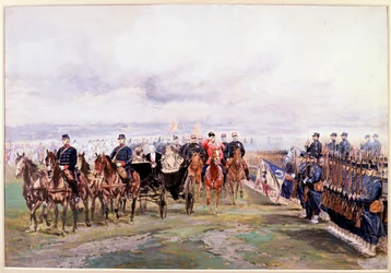 Tsar Nicolas gjennomgår troppene med Felix Faure i Chalon-sur-Marne under hans besøk i Frankrike, 9. oktober