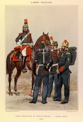Typer og uniformer til den franske Armee of Captain Jules Richard, illustrert av Edouard Detaille (1848-1912): Republikanergarde og brannmenn i flott antrekk i 1887, privat samling