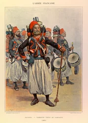 Typer og uniformer til den franske Armee of Captain Jules Richard, illustrert av Edouard Detaille (1848-1912): Zouaves: Drum in Country Dress in 1886, Private Collection
