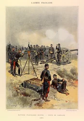 Typer og uniformer av den franske Armee av kaptein Jules Richard, illustrert av Edouard Detaille (1848-1912): Battery of Artillery montert i feltuniform i 1887, privat samling