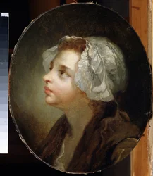 ""Portrett av en ung jente"" Hun har et skjerf på hodet. Maleri av Jean Baptiste Greuze (1725-1805) Regionalt kunstmuseum, Chernigov (Chernihiv eller Chernigov) Ukraina