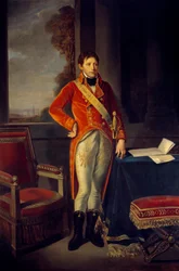 Portrett i full lengde av Bonaparte som første konsul (1769 - 1821). Maleri av døperen Johannes Greuze (1725-1805)