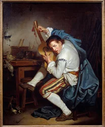 Gitaristen, eller en fugl som, når han kommer tilbake fra jakt, gir gitaren sin Maleri av Jean Baptiste Greuze (1725-1805) 1700-tallet Sun. 0,71x0,57 m Nantes, Musee des Beaux Arts