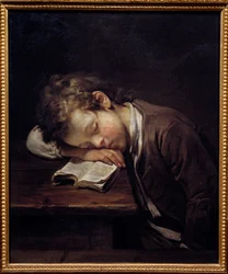Den lille latsabben. Portrett av en ung gutt som har sovnet over boken sin. Maleri av Jean Baptiste Greuze (1725-1805)