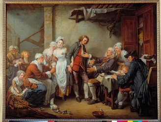 Landsbyens godkjenner Brudens far gir godbiten til sin svigersønn. Maleri av Jean Baptiste Greuze (1725-1805). 1761 søn. 0,92 x 1,17 m.