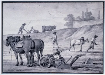 Landbruk: pløyescene. Tegning av Jean Baptiste Huet (1745-1811) Paris fra 1700-tallet, Louvre-museet
