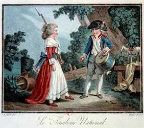 Den franske revolusjon: «Den nasjonale trommen» To små barn utkledd som revolusjonære. Litografi av Jean Baptiste Huet (1745-1811), 18. århundre, Paris, Kunstindustrimuseet