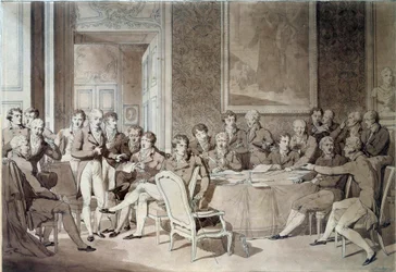 Wien-kongressen (1814-1815) etter Paris-traktaten i 1814. Den gjenforent de åtte verdensmaktene og forsøkte å omdefinere grensene etter fallet av imperiet til Napoleon I. Alexander I, tsar av Russland; HR Stewart, Castlereagh; Francois Joseph I,
