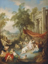 Nymfer som bader ved et basseng ved en loggia,