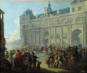 Drapet på Jacques de Flesselles på trappene til rådhuset 14. juli 1789