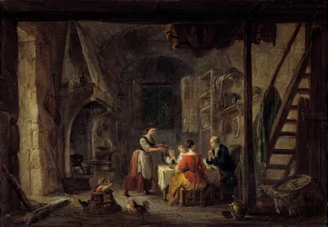 Benedicite Scene av måltid i en familie av bønder, bønnen. Maleri av Jean Baptiste Lallemant (1710-1803) Bourg en bresse fra 1700-tallet, Musee de Brou