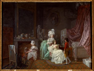 Familie frisyre i privatlivet til et soverom, moren varmer datteren som leser. En annen leker med hunden. Maleri av Jean Baptiste Mallet (1759-1835) Paris fra 1700-tallet, dekorativ kunst