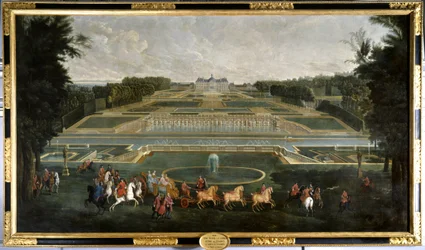 Marie Lescszinska, dronning av Frankrike (1703-1768) (Leczinska, Lescszinka, Leszinka) i hagene til slottet Vaux Le Vicomte (Vaux-Le-Vicomte) Maleri av Jean Baptiste Martin (1659-1735) 1728 Chateau De Vaux Le Du så det. - Marie Lescszinska, dronning av F