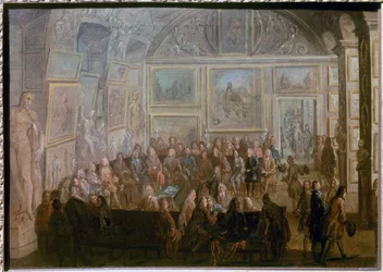 Møte med Academy of Painting and Sculpture på Salon de Diane ved Louvre Maleri av Jean-Baptiste Martin le Vieux (1659-1735)