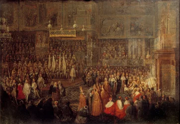 Kroningen av Ludvig XV (1710-1774) i katedralen i Reims den 25/10/1722, 1735. Mål: 0,32 x 0,42 m
