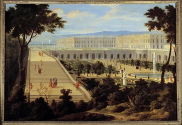 Utsikt over Orangeriet, trappene ved Cent-Marches og slottet i Versailles omkring 1695. Maleri tilskrevet Jean-Baptiste Martin den eldre (1659 - 1735). 1695. Sol. 1,15 x 1,65 m