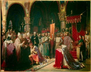 Kong Louis VII (1120-1180) tar oriflamen ved basilikaen Saint Denis (Saint Denis) i nærvær av dronning Alienor av Aquitaine og mottar humla og pannetiere av pelerin fra hendene til pave Eugene III (? -1153) før hans avgang