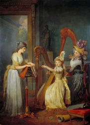 Stephanie Felicite Ducrest de Saint-Aubin, grevinne av Genlis (kalt Madame de Genlis) (1746-1830) holder en harpeforelesning for barna til hertugen av Orleans på slottet Saint Leu Maleri av Jean Baptiste Mauzaisse (1784-1844) 1800-tallets søn. 2,4