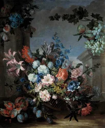 Blomster og fruktmaleri av Jean Baptiste (Jean-Baptiste) Monnoyer (1634-1699) 1600-tallets Orleans musee des Beaux Arts