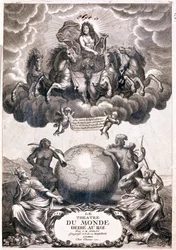 Portrett av Ludvig XIV, flyvende over en jordklode, tittelside (Gravering