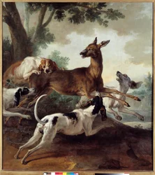 Hjort jaget av hunder. Jaktscene. Maleri av Jean-Baptiste Oudry (1686-1755)