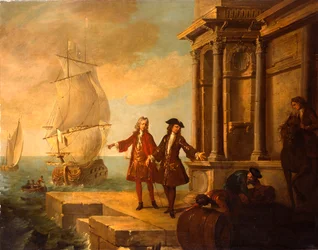 Europa - Europeiske kjøpmenn med stuvere som håndterer en tønne og en ball på en kai, 1724