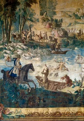 Jakt på Ludvig XV: hjortens død i dammen. Detalj. Tapestry av Jean Baptiste Oudry (1686 - 1755)