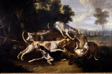 Hjortens død. Jakthunder som feller en hjort - 18. århundre. H. 2,35 x 3,26 m. Pau, Musée des Beaux-Arts