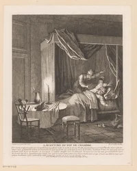 Mannen blir skremt våken av at kammerpotten blir tømt over ham Lavanture du pot de chambre (tittel på objekt) Scener fra Scarrons Roman Comique (serietittel)
