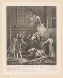 Man valt bovenop een geit La Rapinière faller på bukken (tittel på objekt) Scener fra Roman Comique van Scarron (serietittel)