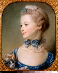 Portrett av en liten jente med en katt - Den unge damen har et bånd og et lett slør rundt halsen satt med en knute og kjærtegner hodet til en katt med fingertuppene - Pastellmaleri av Jean-Baptiste Perroneau (Jean Baptiste Perronneau) (1715) -1783) 1700-ta