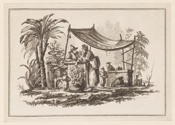 Figurer med en vase med blomster, fra "Ny notatbok med seks ark med forskjellige historiske kinesiske emner"