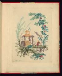 Ornamental Design fra "Ny suite av kinesiske notatbøker for bruk av designere og malere" No.3, Oppfunnet og tegnet av Jean Pillement. Graver av Anne Allen.