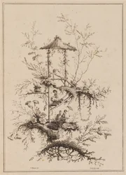 Tallerken fra et sett med Chinoiserie-representasjoner